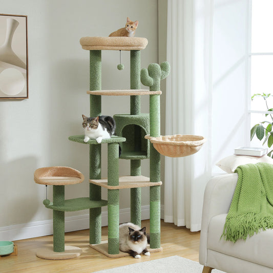 Tall Cactus Cat Tree for Large Cat Multi-Level Cat Tower for Indoor Cats Cat Condo with Large Hammock Scratching Post  2 Perches