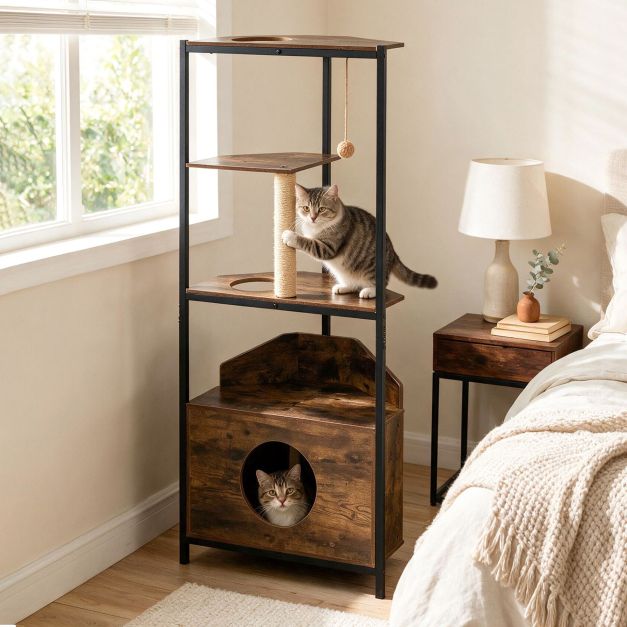 Arbre à chat en bois avec espace panier