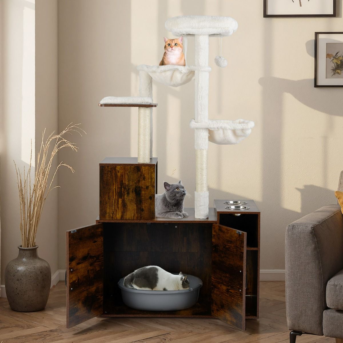 ARBRE À CHAT EN BOIS LITIÈRE <br> "Le 3 en 1"