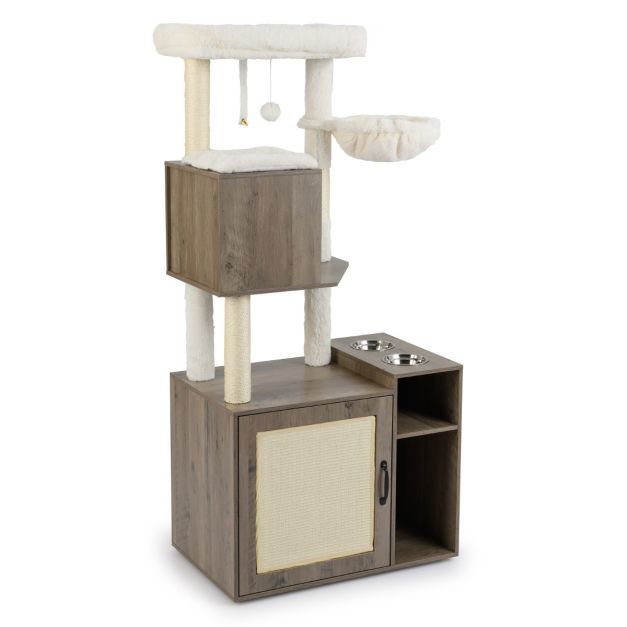 ARBRE À CHAT EN BOIS AVEC CACHE LITIÈRE <br> "La tour des chats"