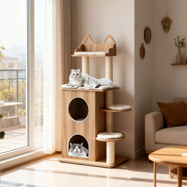 ARBRE À CHAT EN BOIS FONCÉ <br> "La tannière"