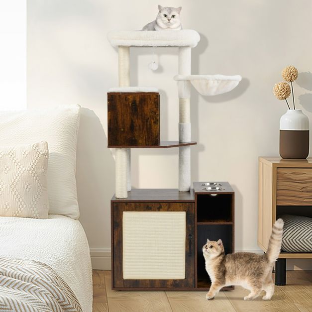 ARBRE À CHAT EN BOIS AVEC CACHE LITIÈRE <br> "La tour des chats"