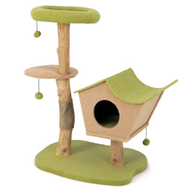 ARBRE A CHAT BOIS FLOTTÉ AVEC PETITE MAISONNETTE