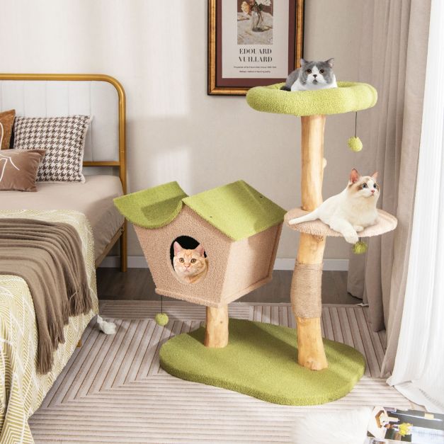 ARBRE A CHAT BOIS FLOTTÉ AVEC PETITE MAISONNETTE