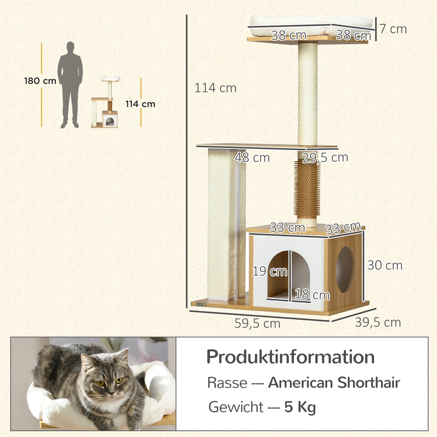 PawHut scratching post 114 cm high cat tree with cat cave tickle column Oak