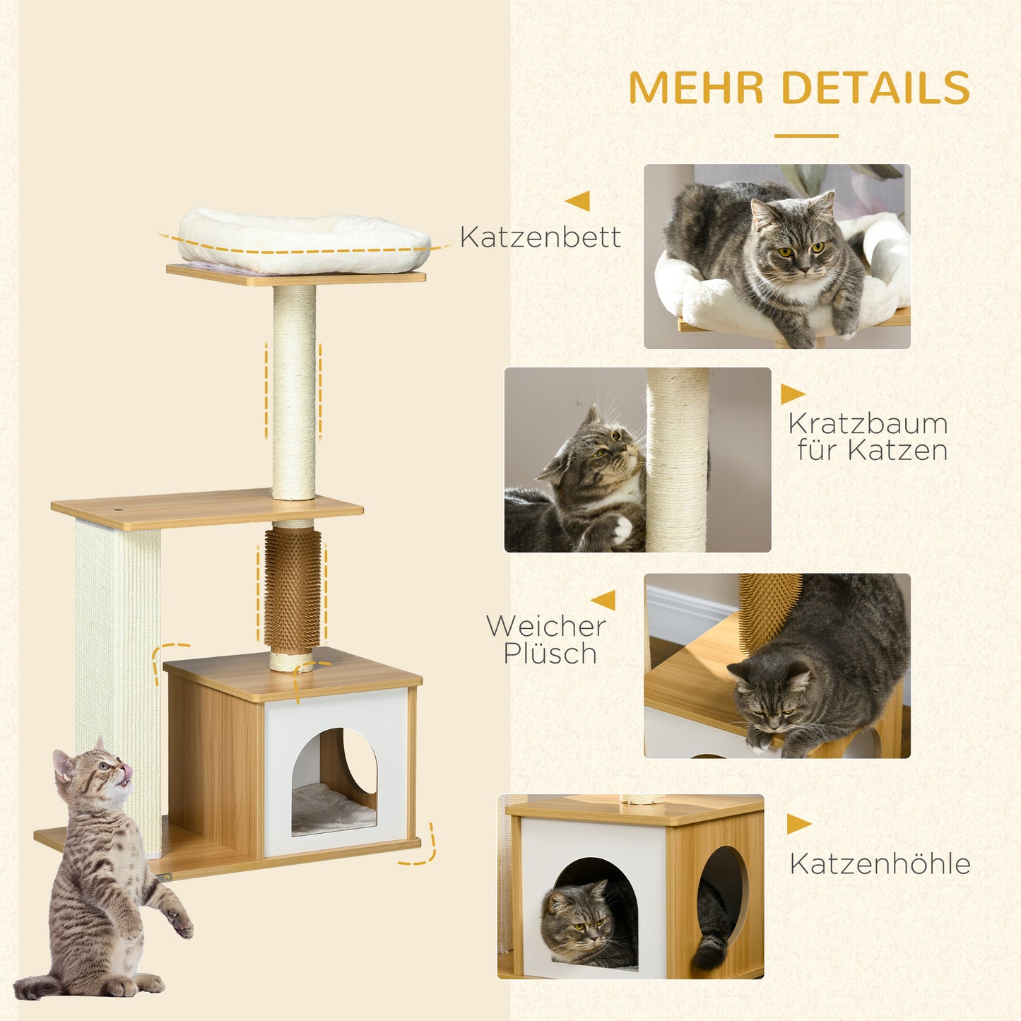 PawHut scratching post 114 cm high cat tree with cat cave tickle column Oak