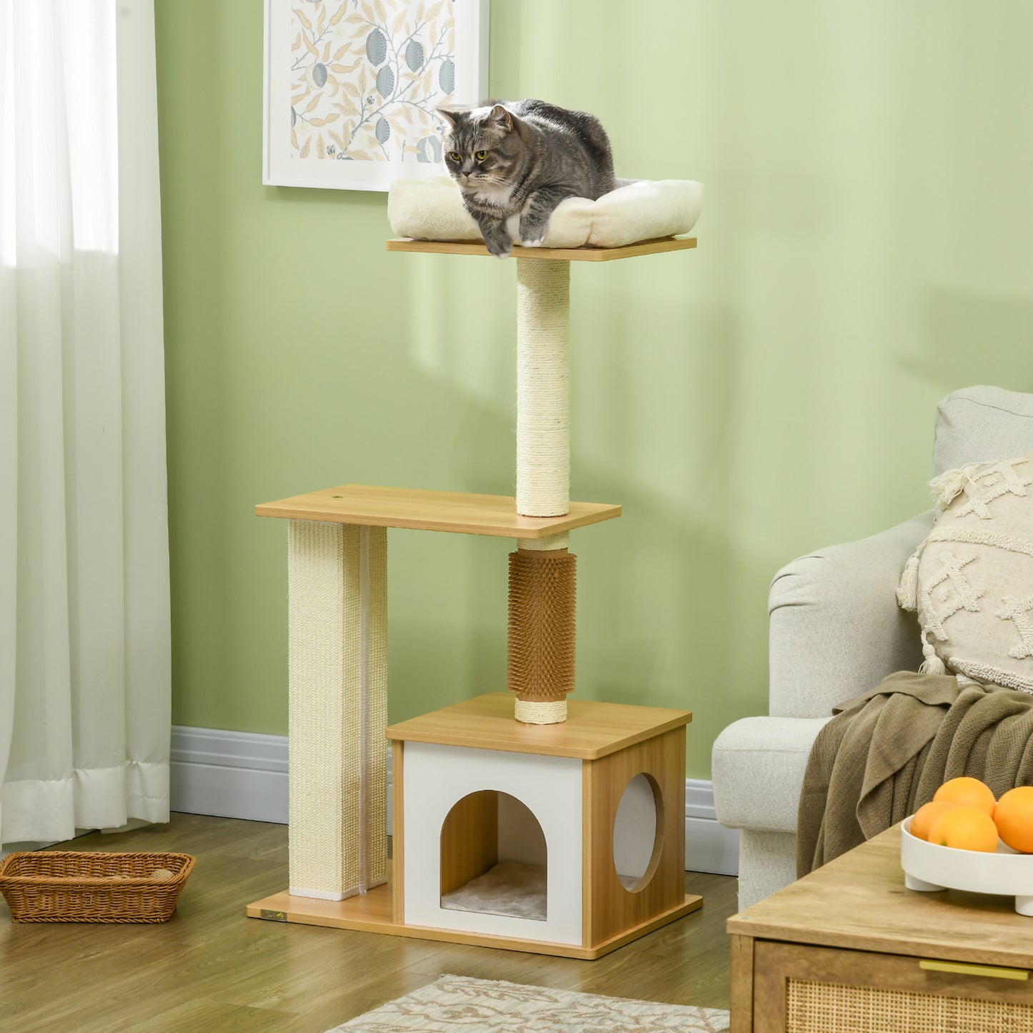 PawHut scratching post 114 cm high cat tree with cat cave tickle column Oak